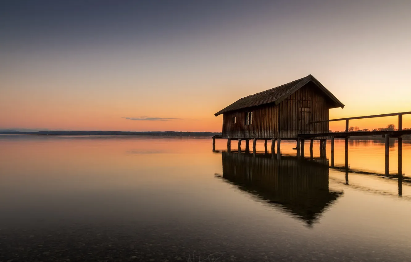 Photo wallpaper sunset, bridge, lake