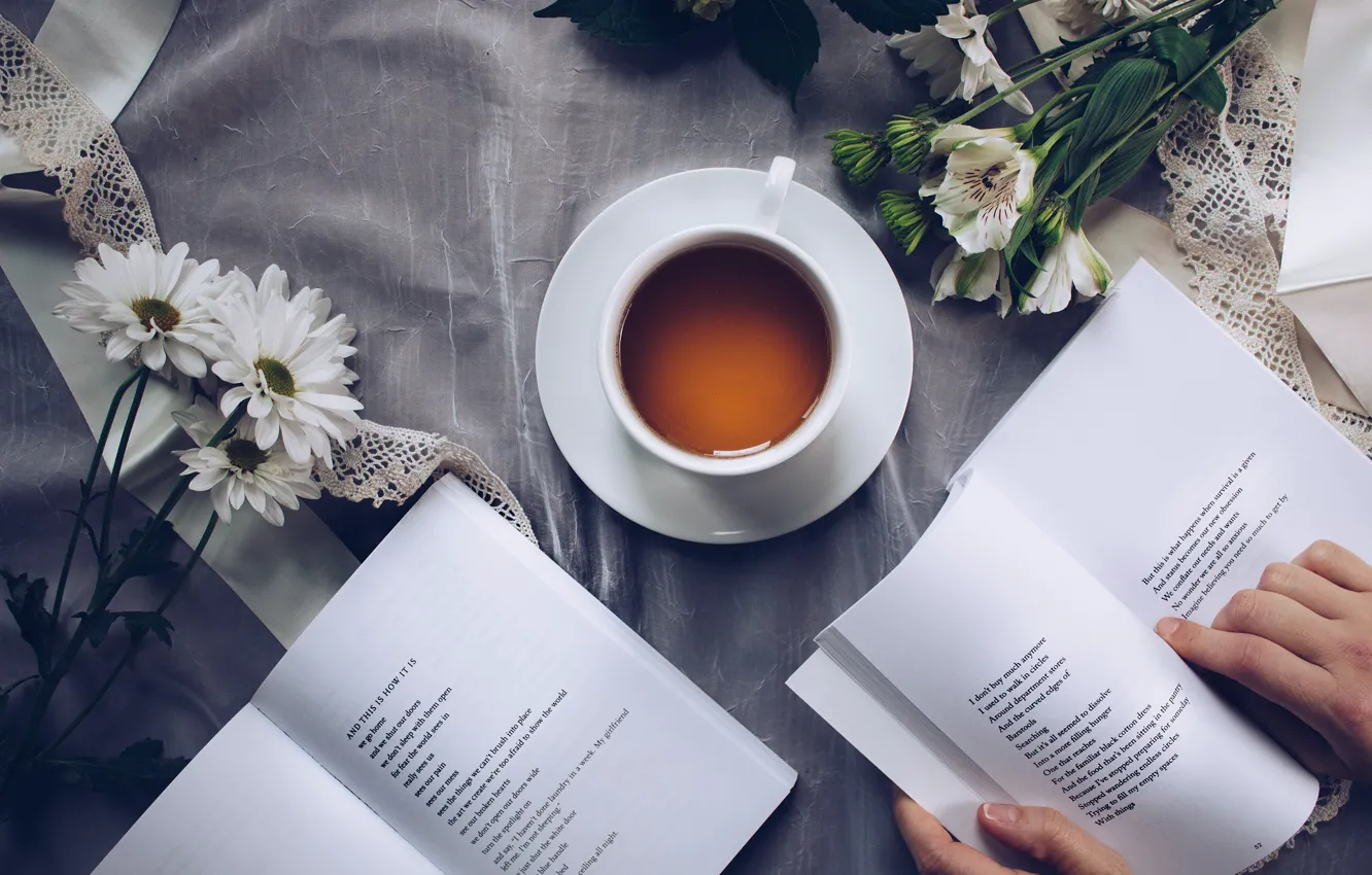 Photo wallpaper flowers, book, reading, Tea