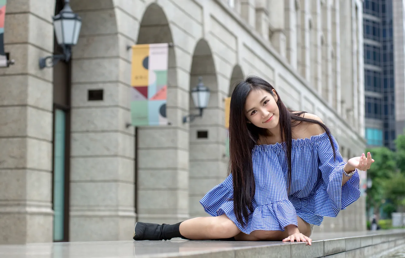 Photo wallpaper girl, smile, dress, brunette, Asian