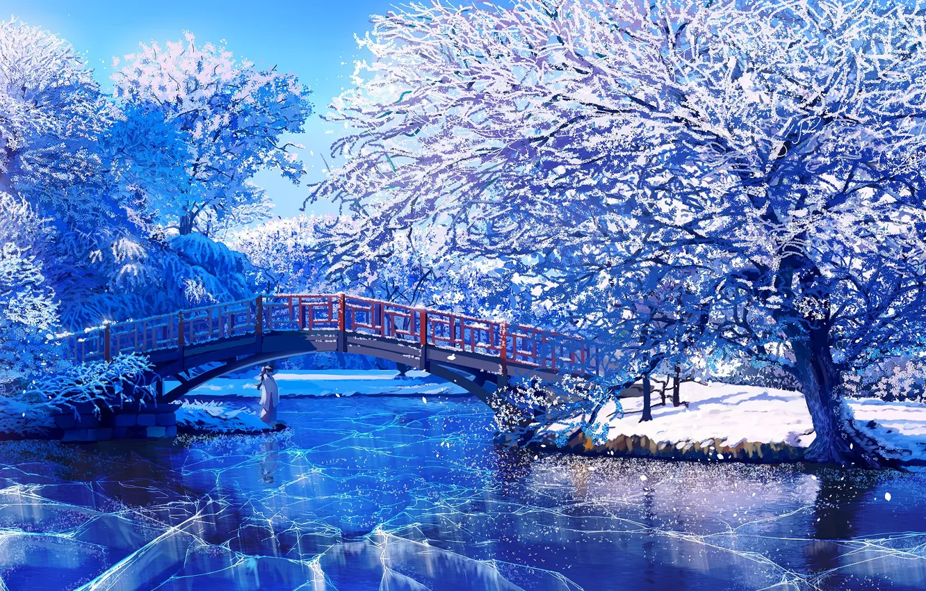 Photo wallpaper ice, winter, girl, trees, bridge