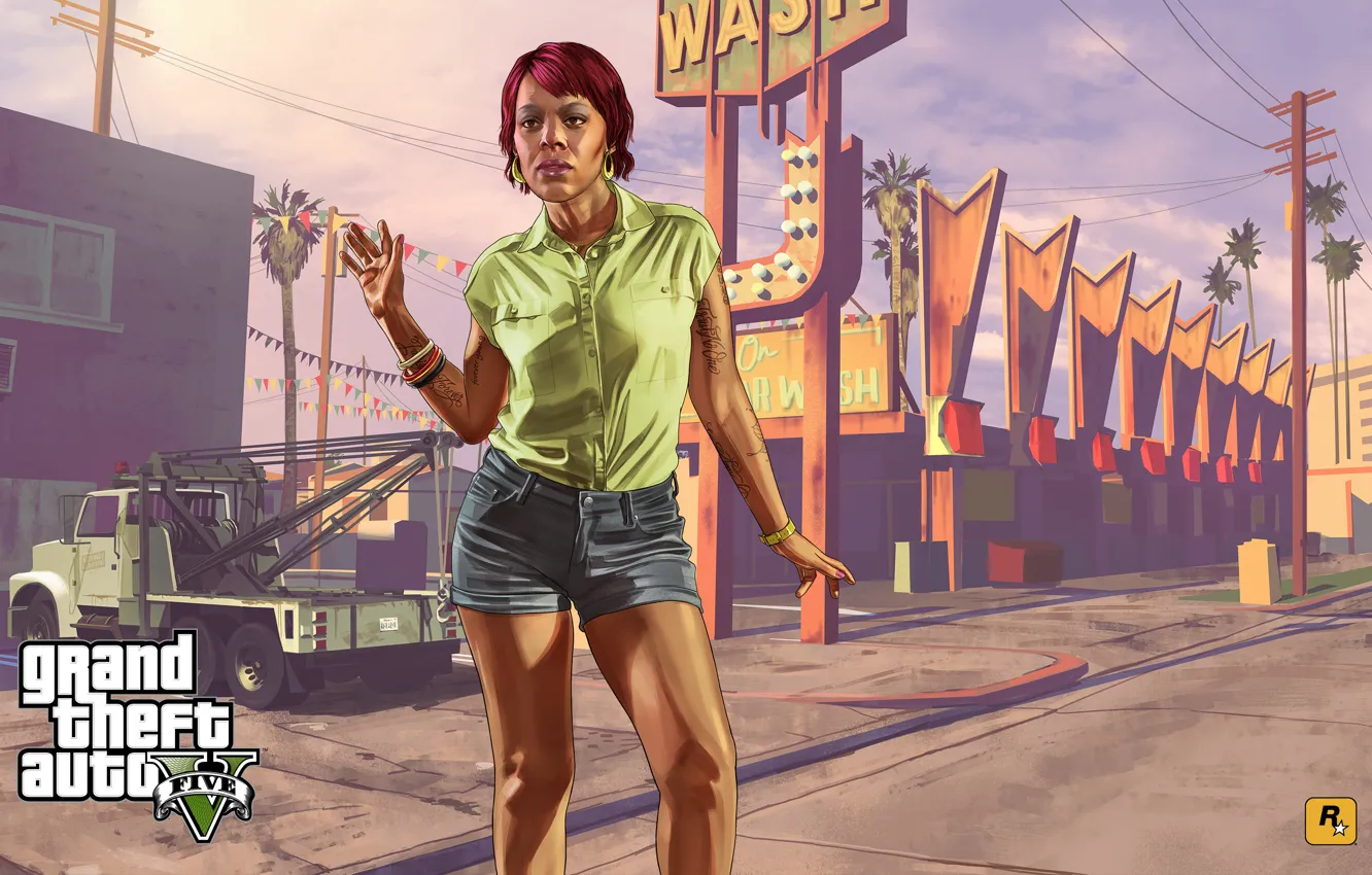 Photo wallpaper girl, sink, Concept art, tow truck, Grand Theft Auto V, Rockstar Games, Tonya