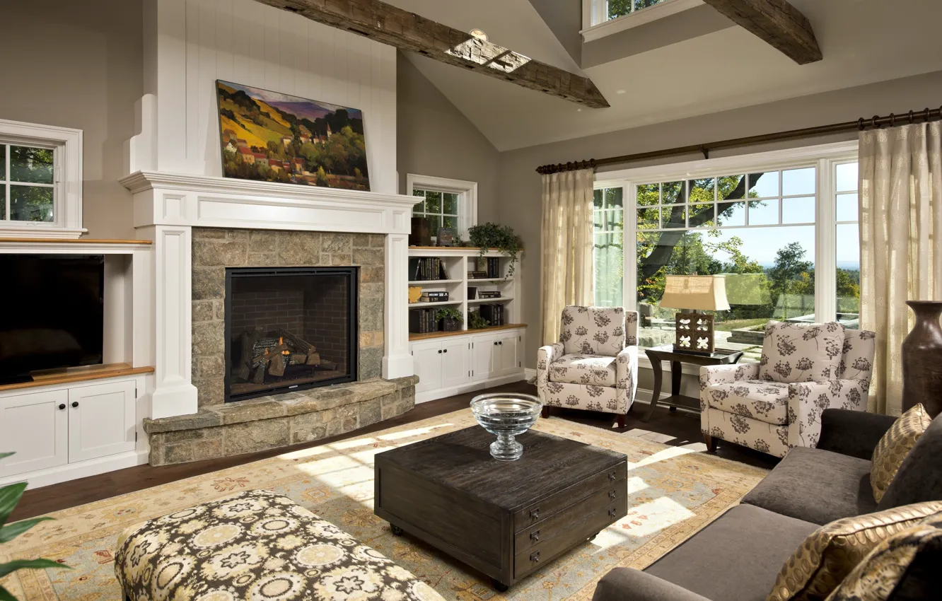 Photo wallpaper living room, interior, fireplace, room