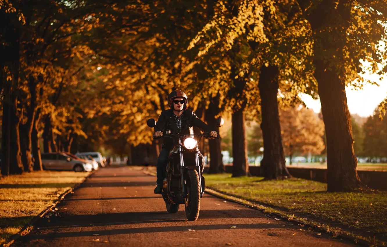 Photo wallpaper movement, blur, motorcycle, biker, moto, bike, custom, bokeh