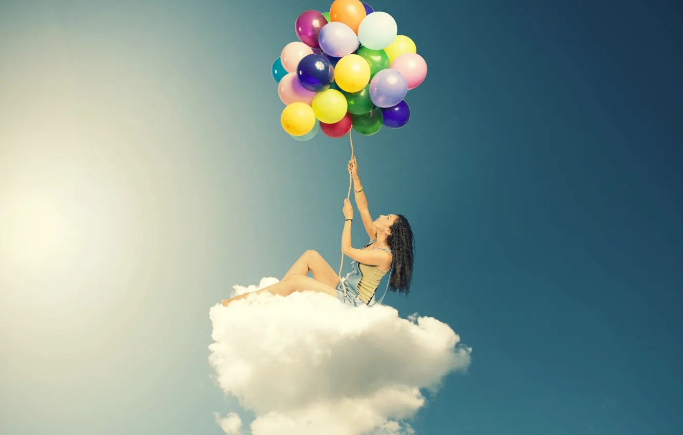 Photo wallpaper the sky, girl, clouds, balls, balloons, background, Wallpaper, mood