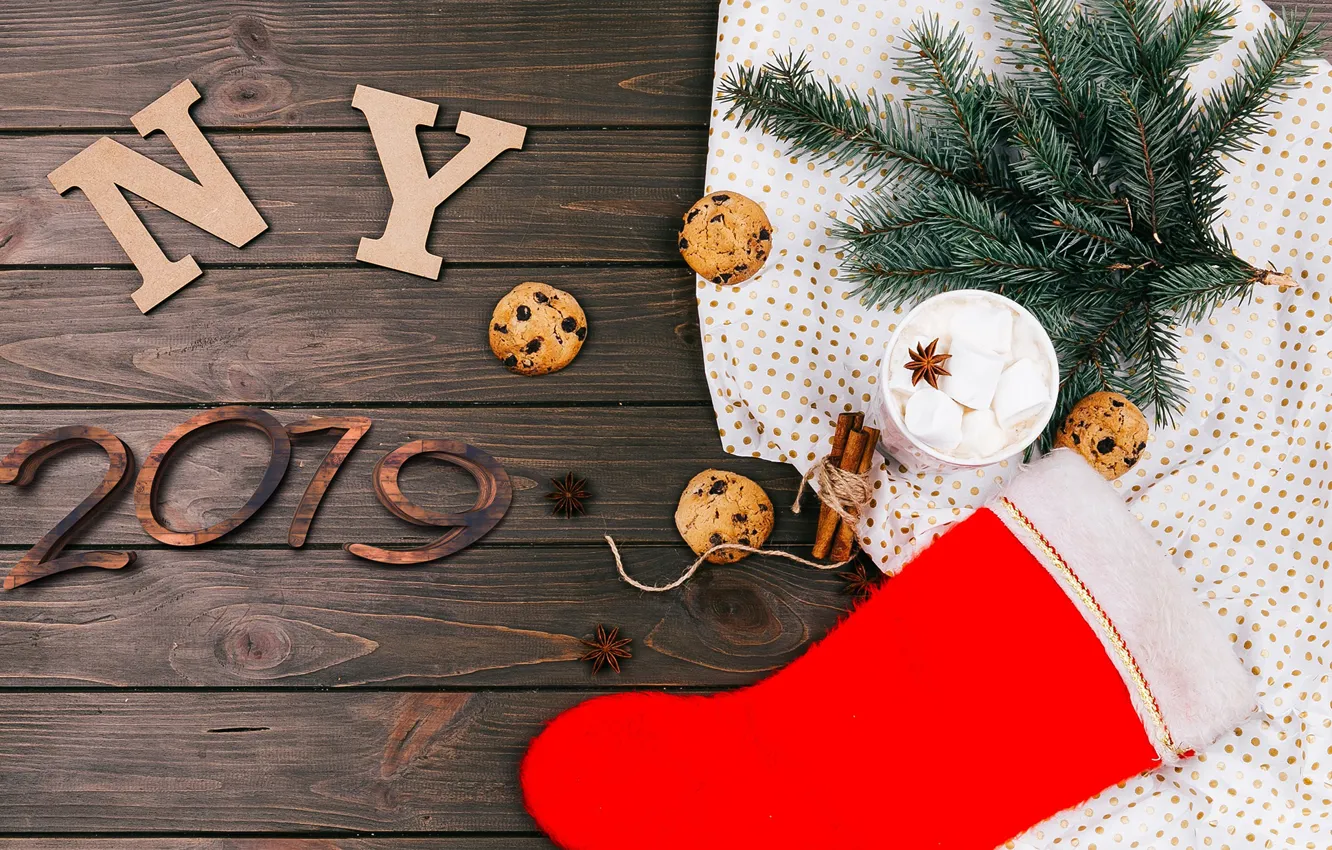 Photo wallpaper winter, tree, cookies, Christmas, New year, cinnamon, cakes, 2019