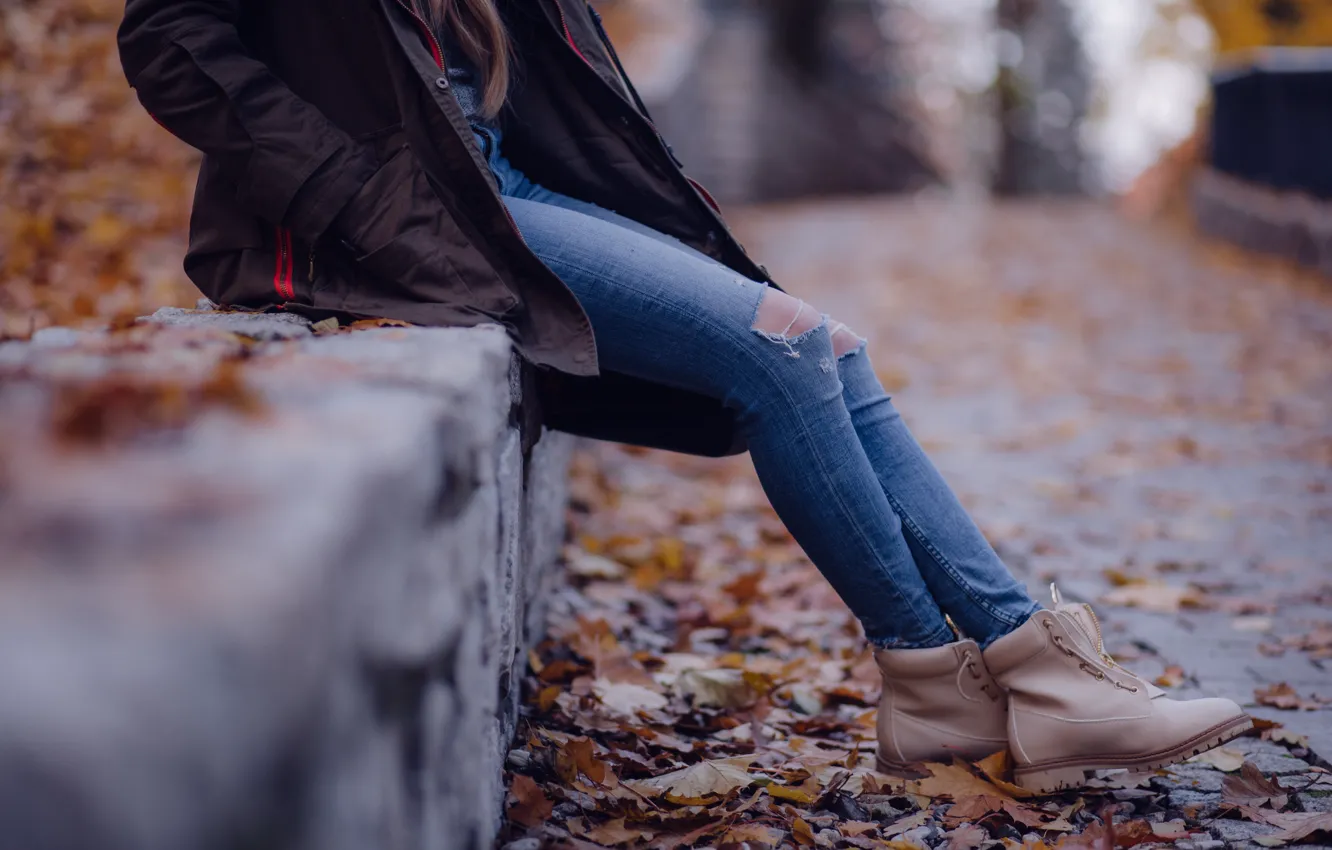 Photo wallpaper legs, girl, autumn, leaves