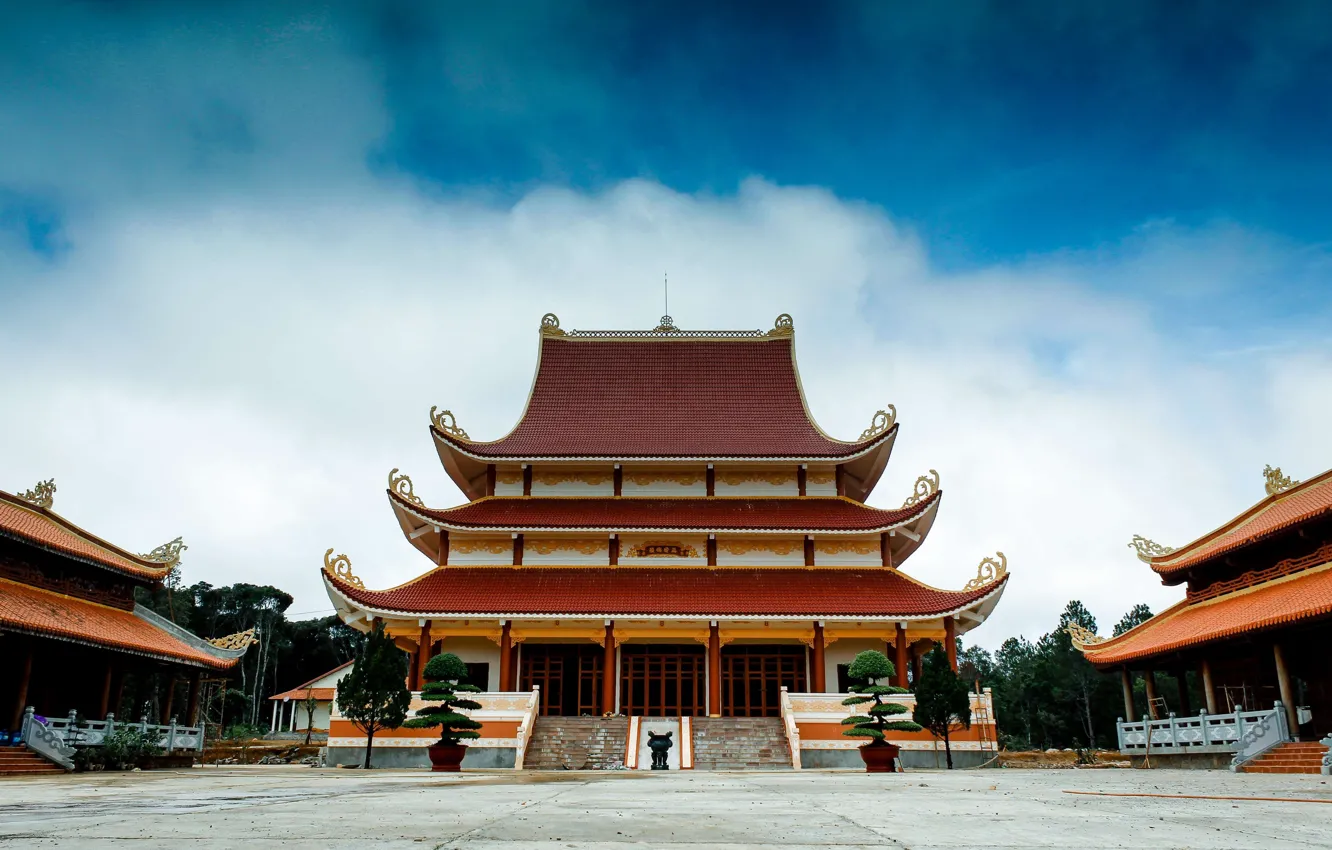 Photo wallpaper clouds, yard, pagoda, Buddhist temple, multi - tiered structure, religious building