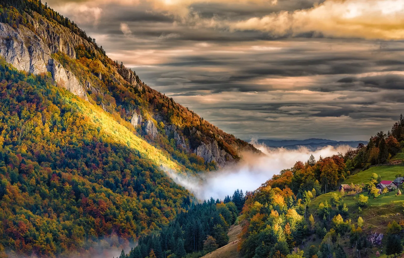 Photo wallpaper autumn, the sky, landscape, mountains, clouds, nature, fog, home