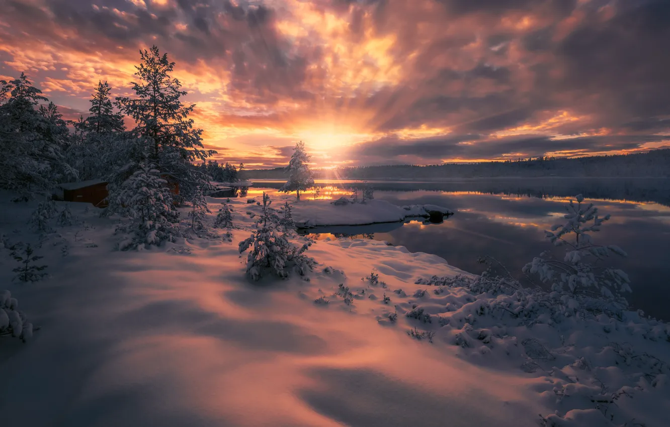 Photo wallpaper winter, clouds, rays, snow, sunset, lake, Norway, Norway