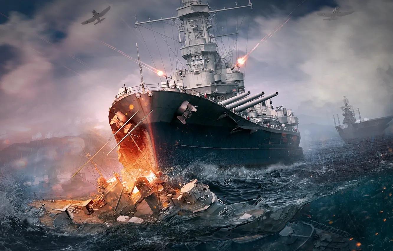 Photo wallpaper military, war, ship, digital art, artwork, world war II, Warship, ocean battle