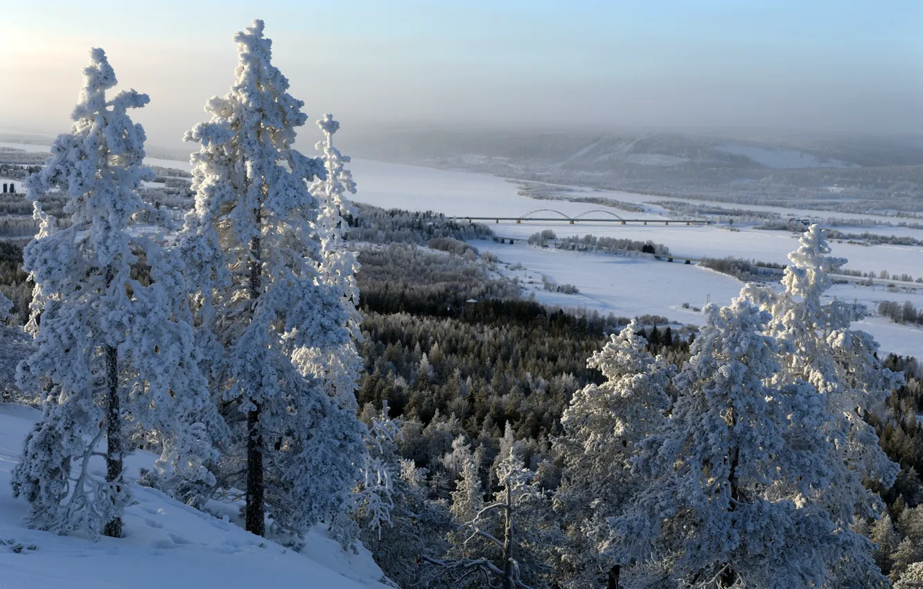 Photo wallpaper winter, snow, river, Finland, Lapland, Ylitornio