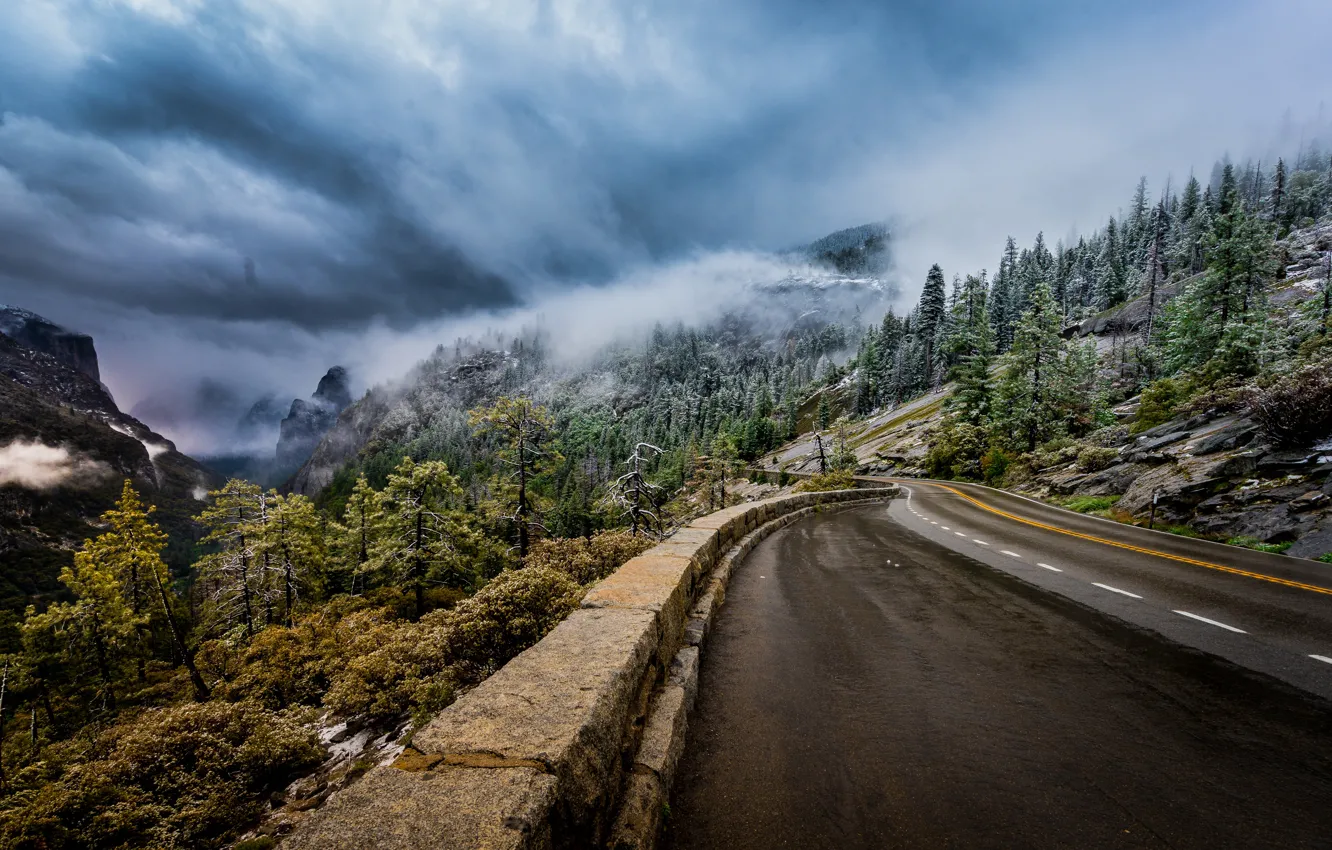 Photo wallpaper road, trees, mountains, fog, CA, California, Yosemite national Park, Yosemite National Park