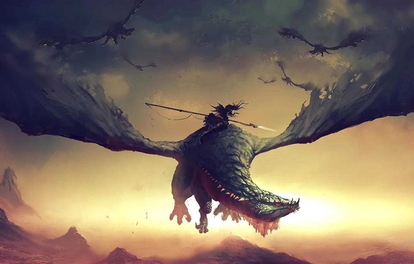Photo wallpaper girl, flight, rocks, dragon, wings, art, rider, spear