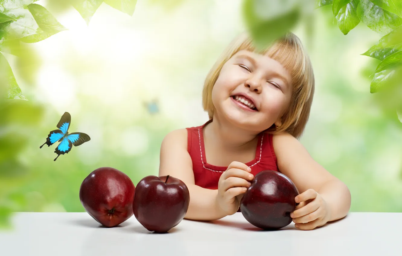 Photo wallpaper smile, butterfly, apples, girl