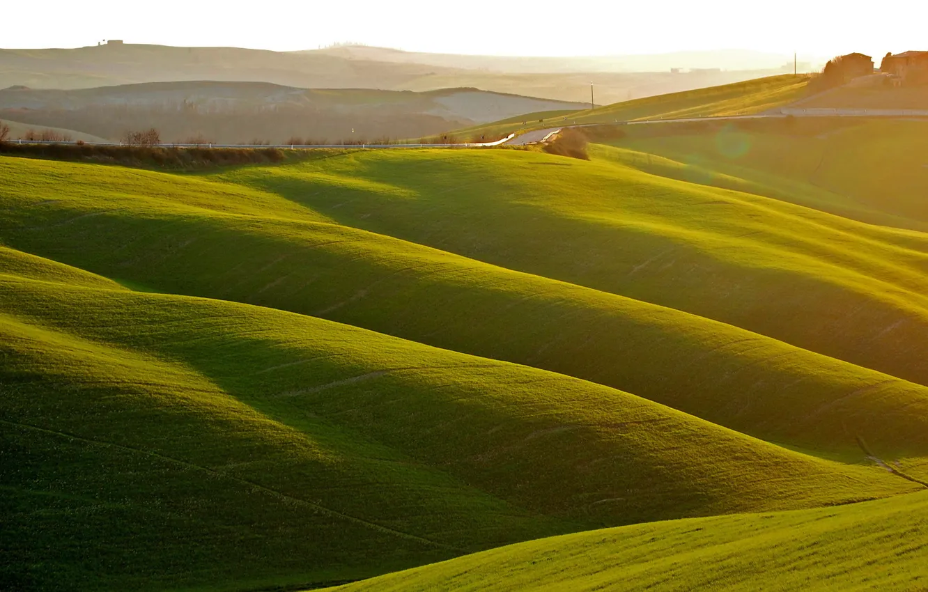 Photo wallpaper road, field, landscape, morning/light