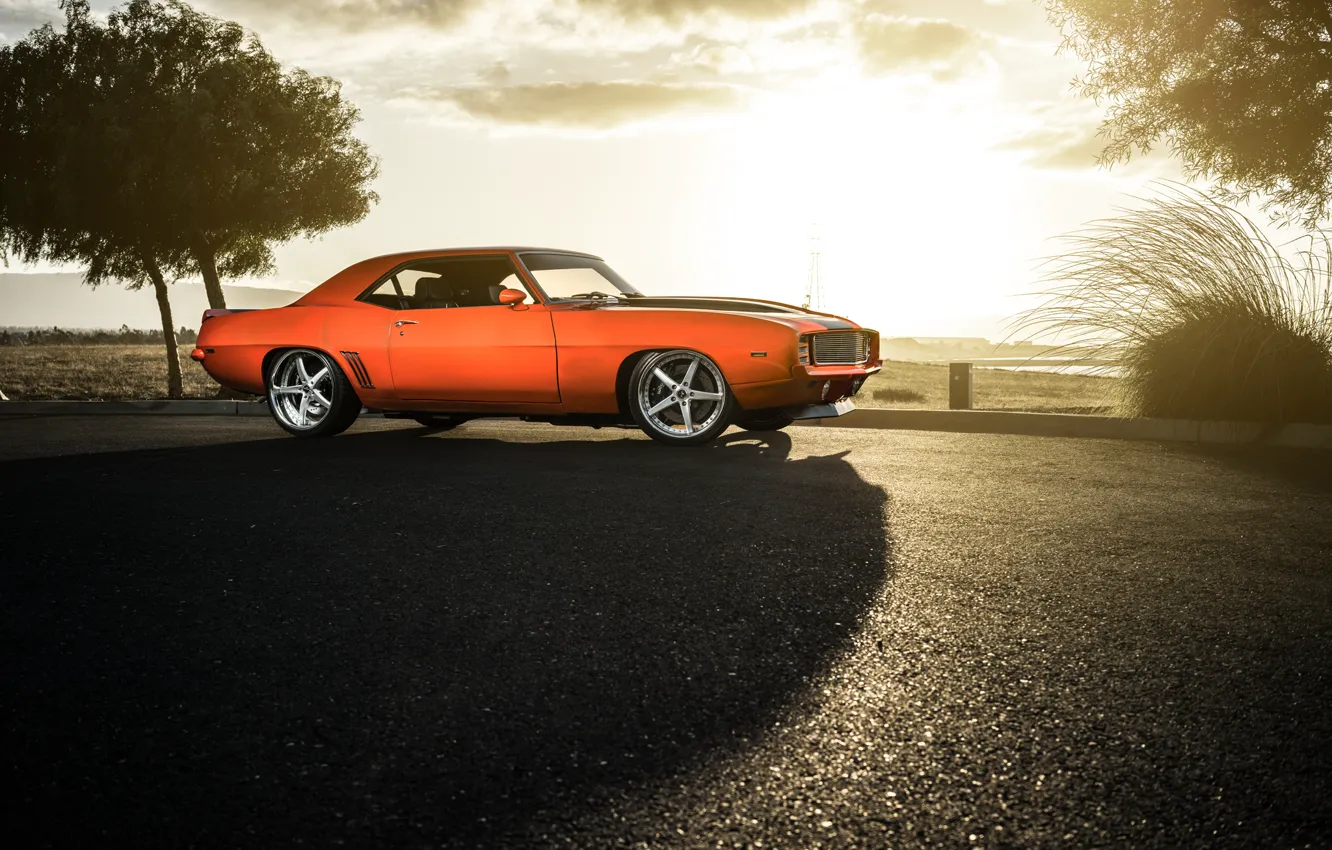 Photo wallpaper Chevrolet, 1969, Camaro, Orange, Front, Sun, Color, Wheels