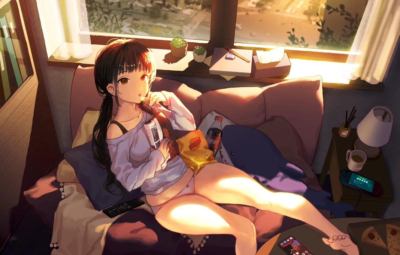 Photo wallpaper girl, table, mess, in the room, window, chips, sitting in the chair