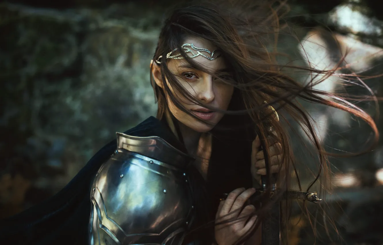 Photo wallpaper look, girl, style, weapons, hair, sword, armor, warrior