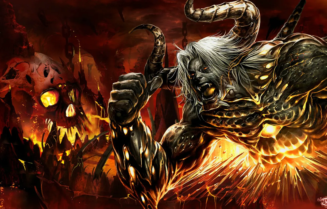 Photo wallpaper fire, mouth, horns, skull, the devil, Satan, Welcome to Hell