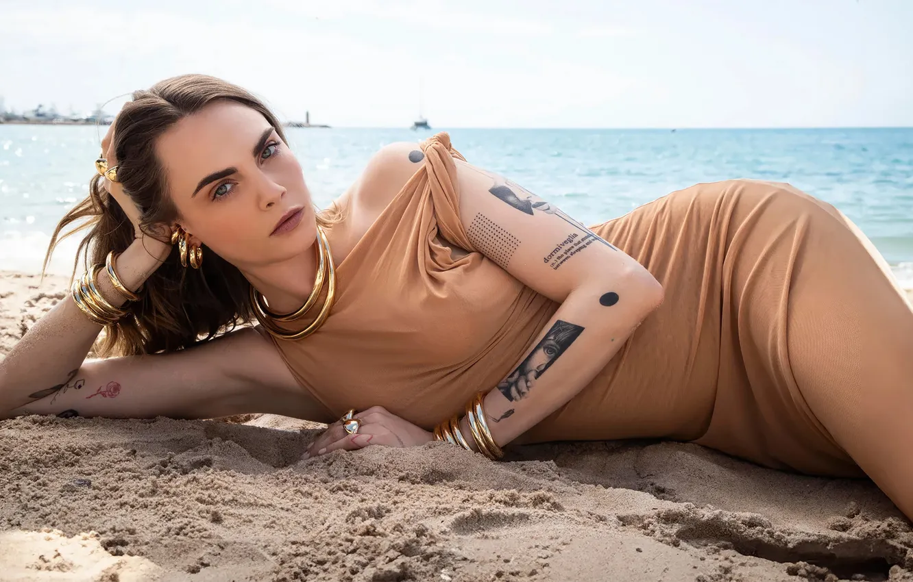 Photo wallpaper girl, model, tattoo, Cara Delevingne