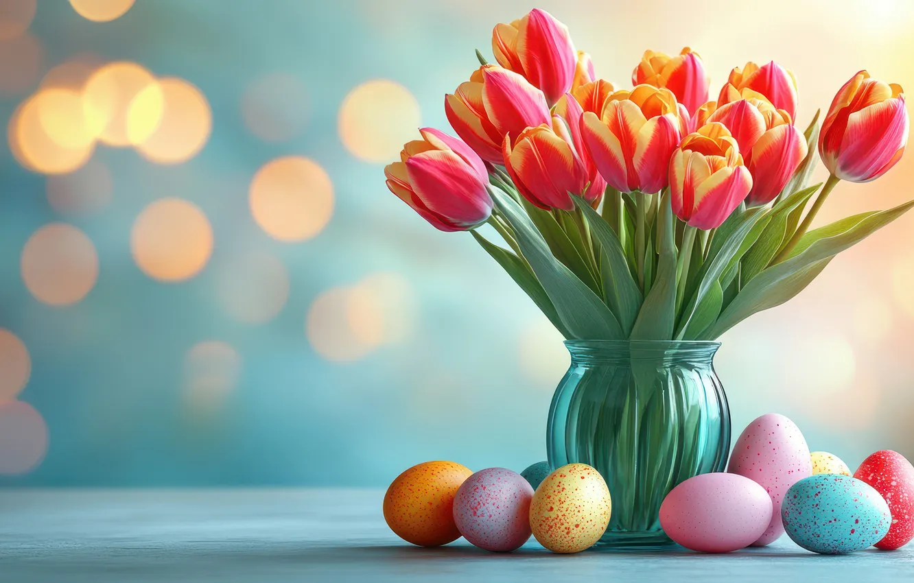 Photo wallpaper flowers, red, lights, table, holiday, eggs, bouquet, spring