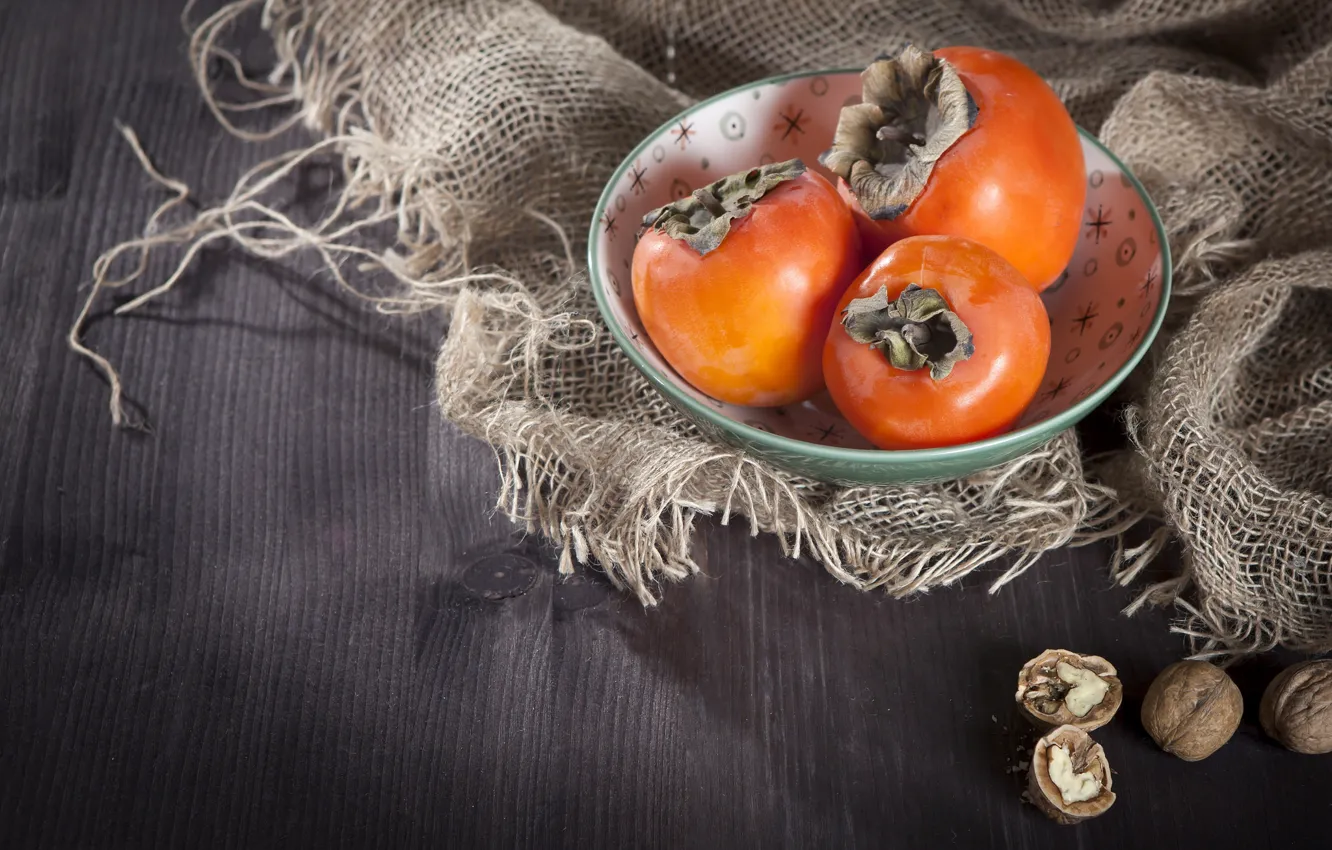 Photo wallpaper background, nuts, bag, persimmon