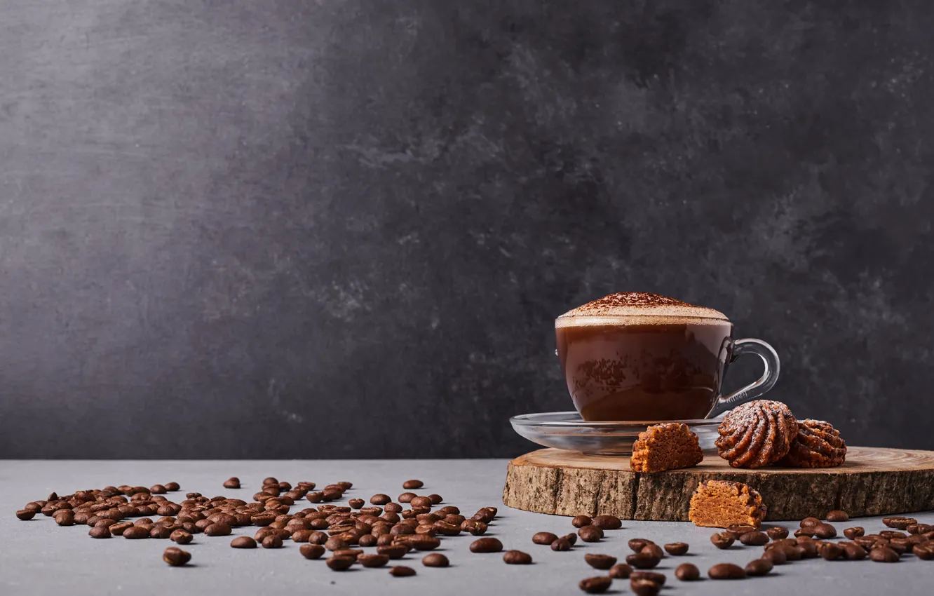 Photo wallpaper table, coffee, cookies, mug, Cup, placer, grey background, coffee beans