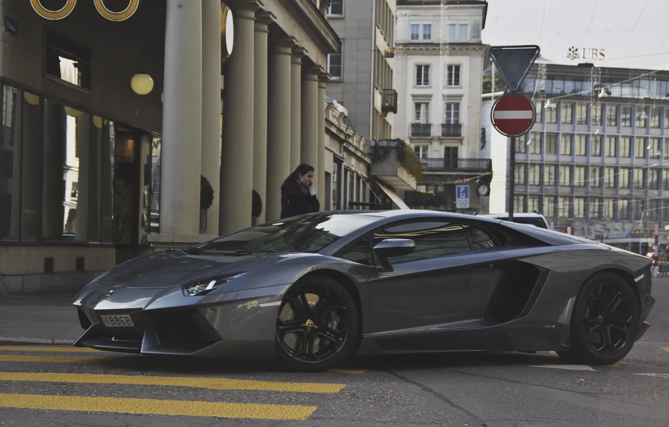 Photo wallpaper girl, grey, street, Lamborghini, supercar, girl, supercar, street