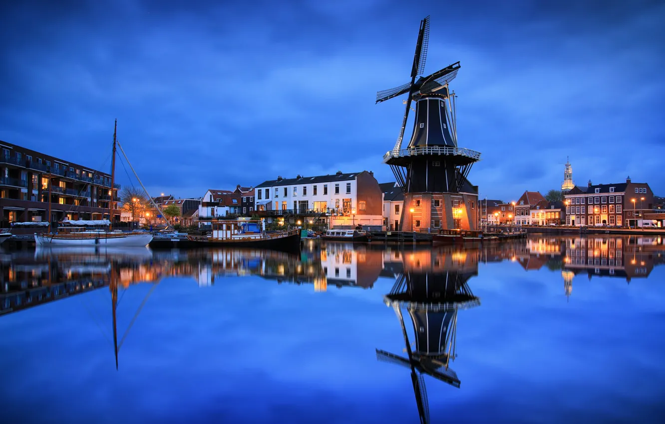 Photo wallpaper the city, reflection, river, boat, home, the evening, lighting, mill