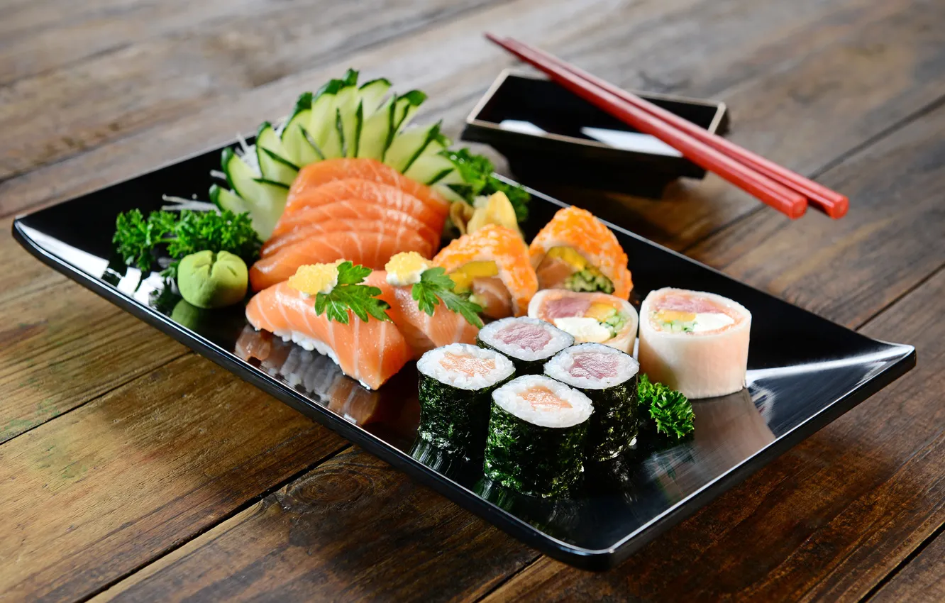 Photo wallpaper fish, sushi, rolls, seafood