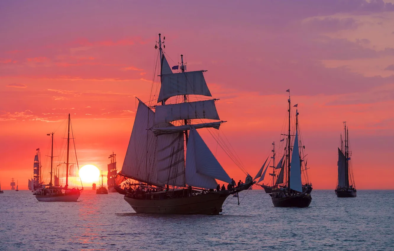 Photo wallpaper sunset, Rostock, ship, sailboat, Germany, parade, regatta, Warnemunde