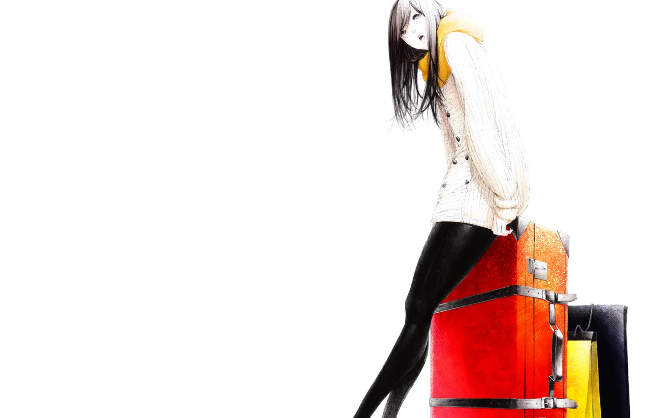 Photo wallpaper Girl, scarf, art, white background, suitcases, Sawasawa