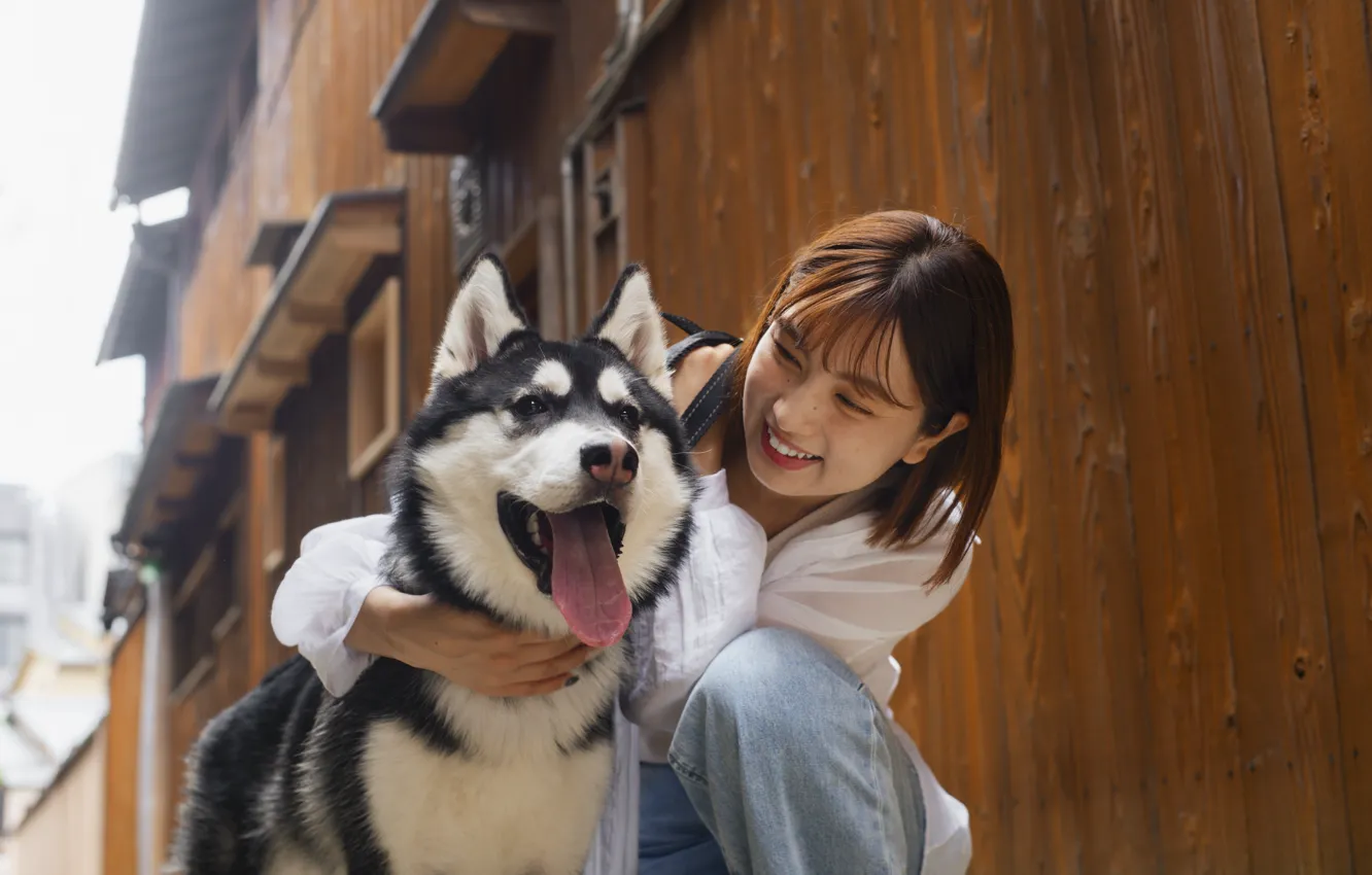 Photo wallpaper woman, dog, asian, cute