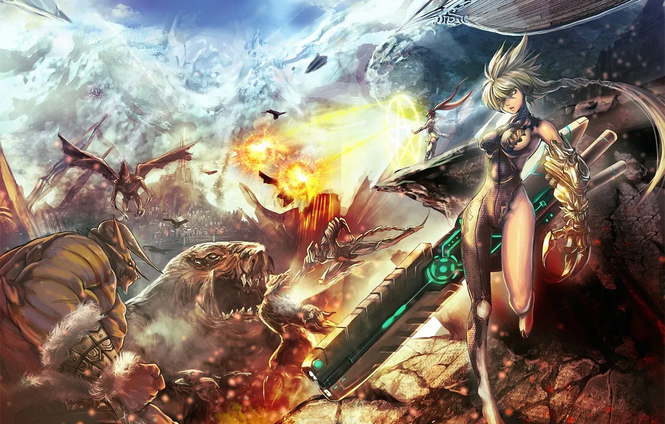 Photo wallpaper girl, lights, weapons, rocks, monster, the demon, art, battle