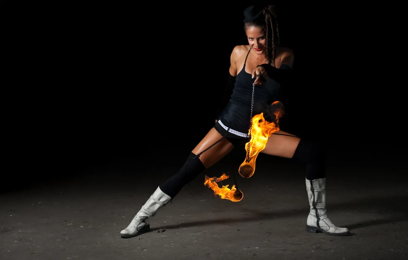 Photo wallpaper fire, Girl, stockings, boots, braid