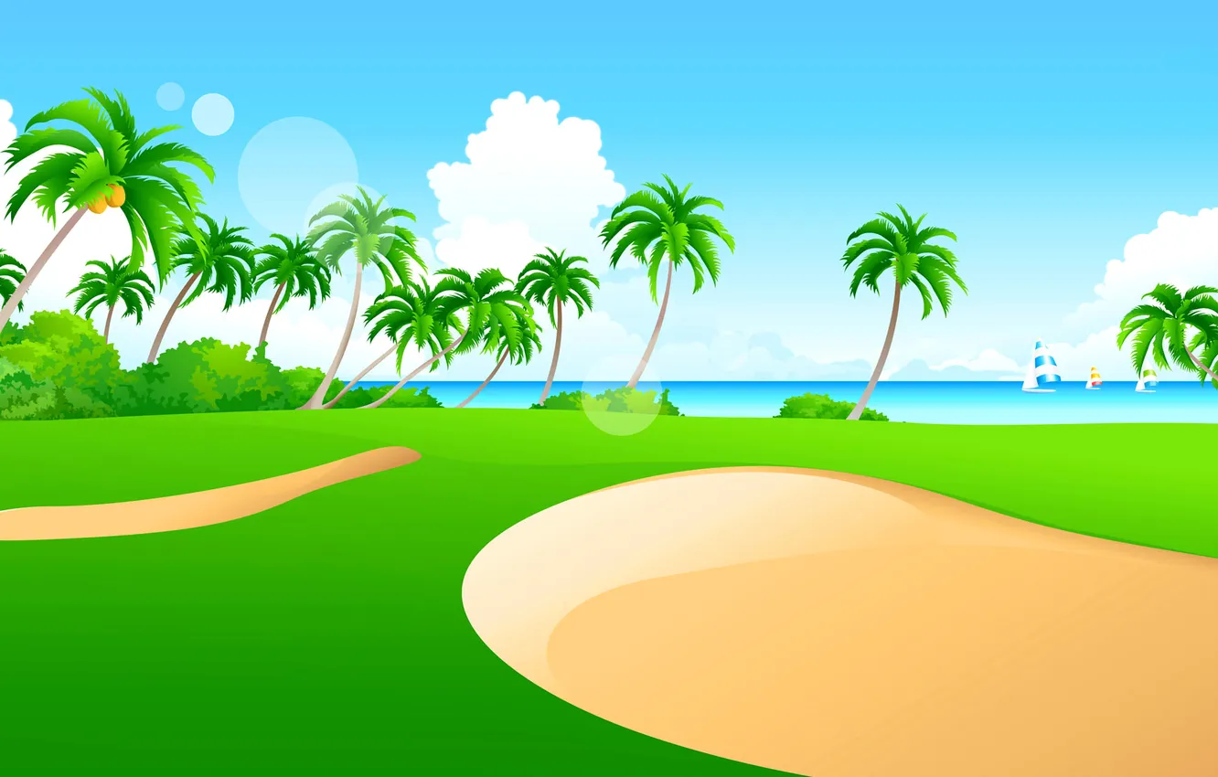 Photo wallpaper sea, the sky, grass, palm trees, boat, vector, sail