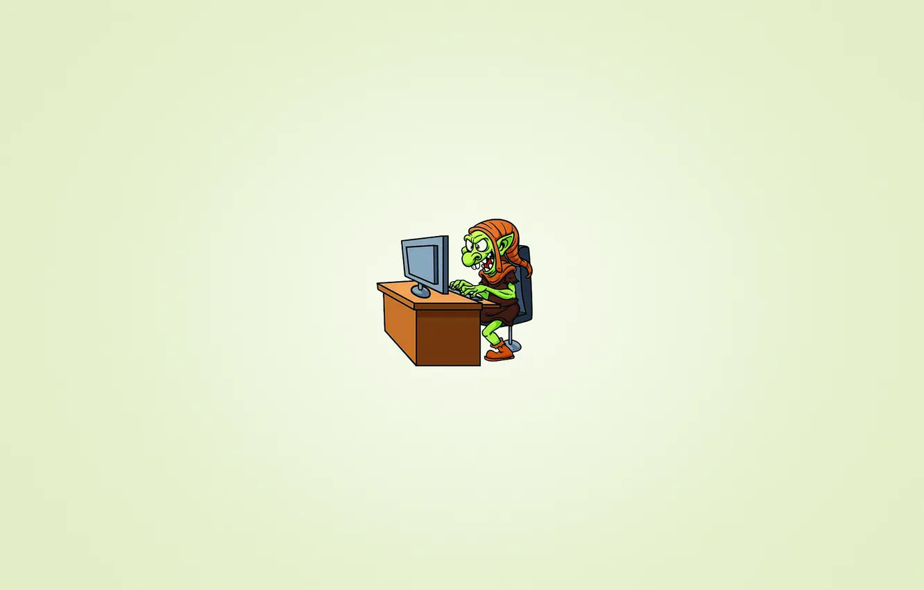 Photo wallpaper table, minimalism, chair, monitor, sitting, Troll, troll, a sly smile