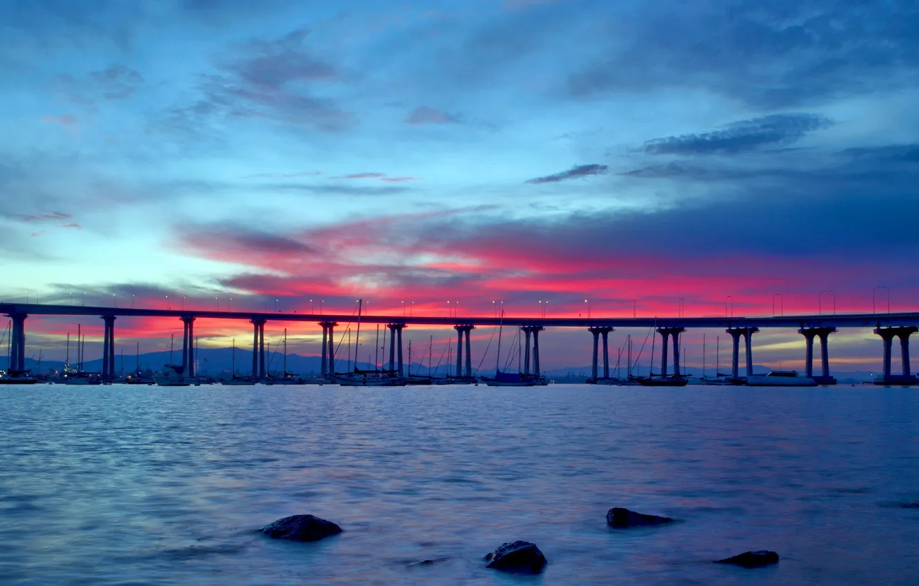 Photo wallpaper sea, landscape, sunset, bridge