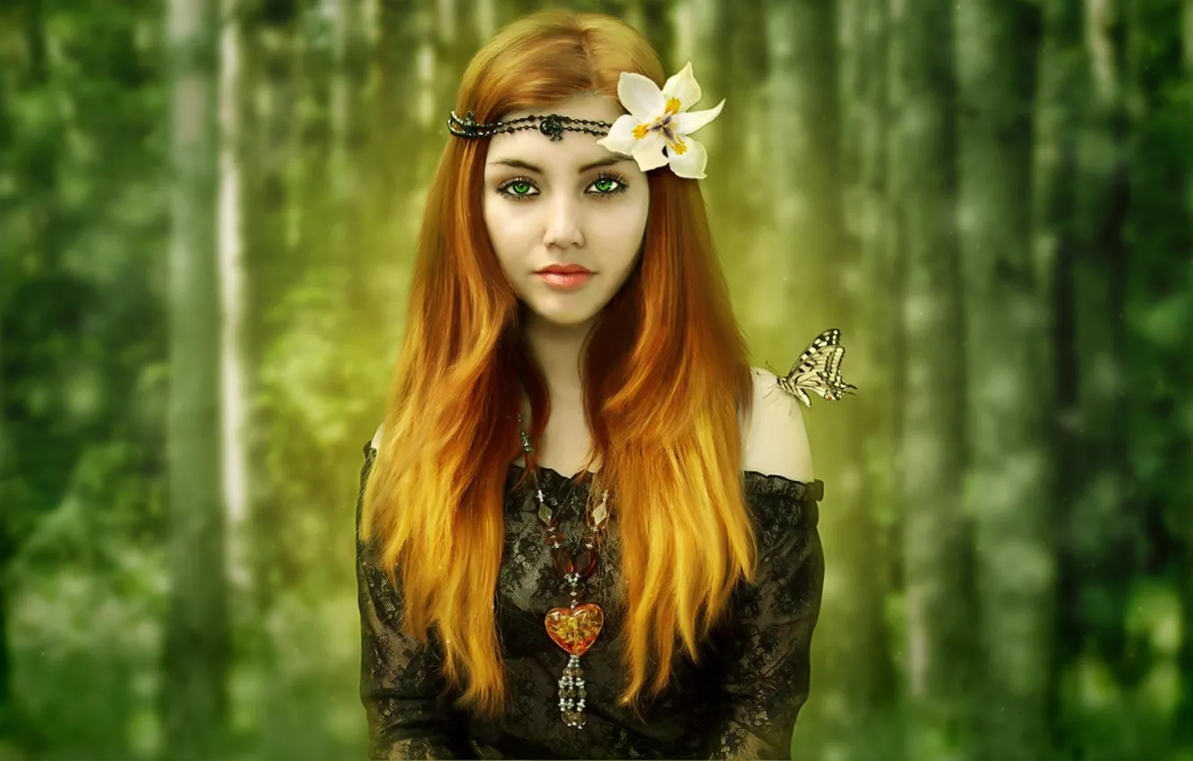 Photo wallpaper flower, nature, blue eyes, butterfly, model, beauty, redhead, outdoors