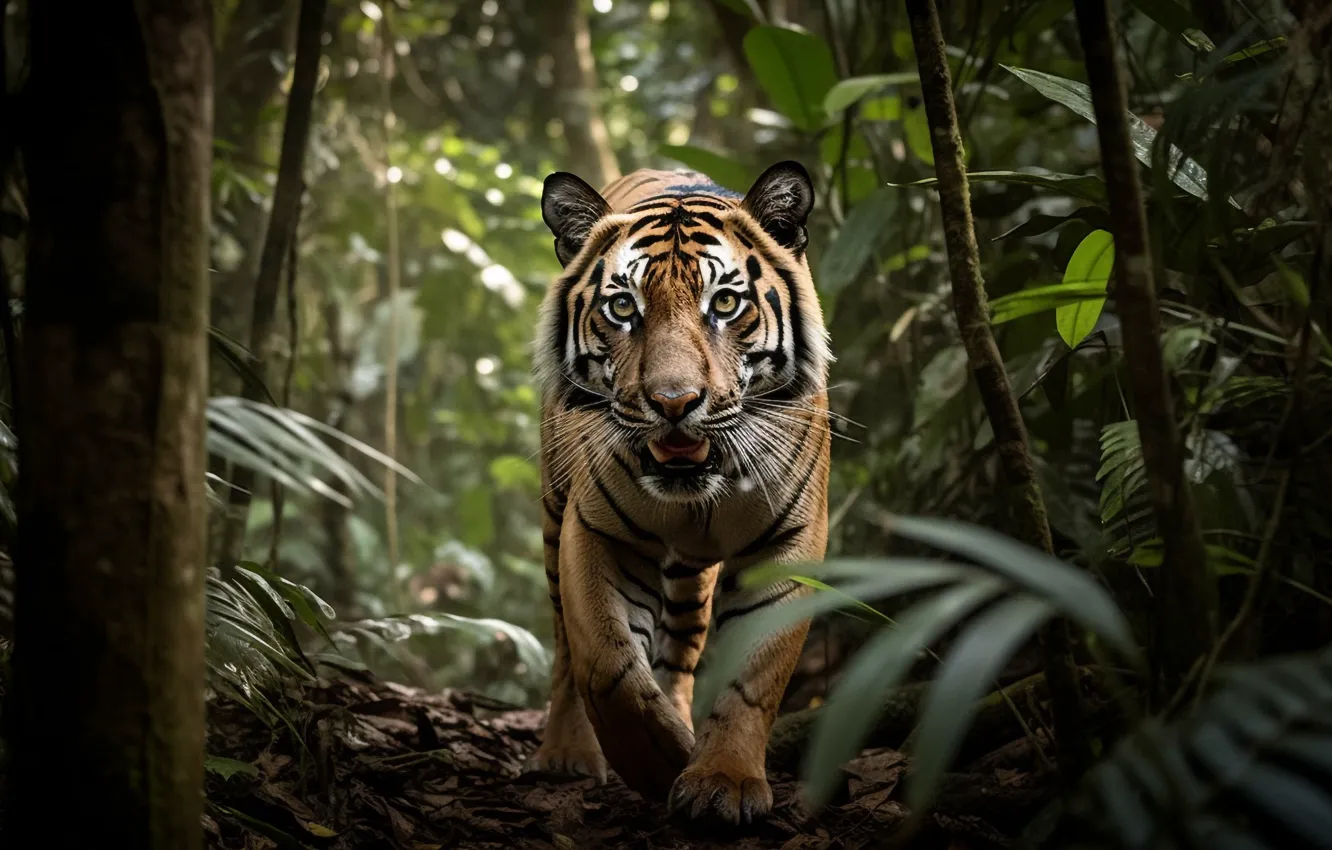 Photo wallpaper look, face, tiger, predator, jungle, big cat, rainforest, digital art