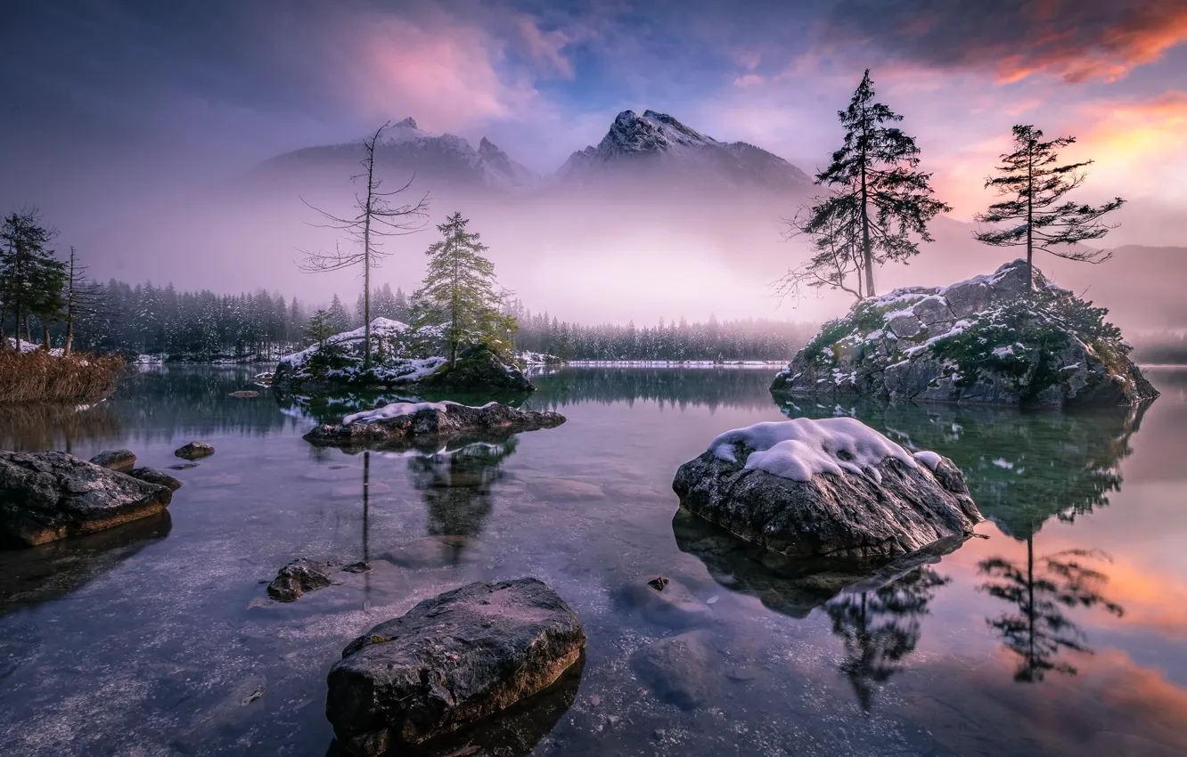 Photo wallpaper snow, trees, mountains, lake, stones, Germany, ate, Bayern