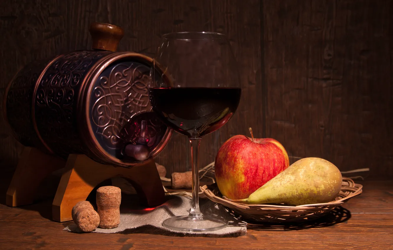 Photo wallpaper wine, glass, Apple, vase, pear, tube, fruit, barrel