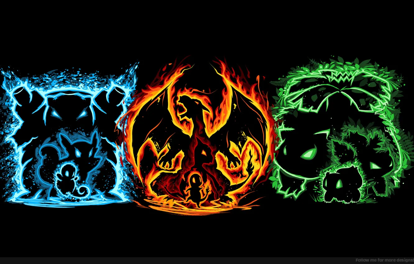 Photo wallpaper grass, water, fire, pokemon, pokemon, bulbasaur, squirtle, squirtle