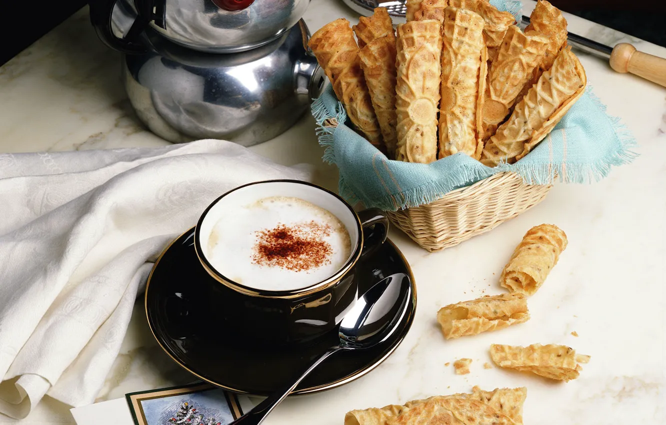 Photo wallpaper table, coffee, spoon, Cup, waffles, saucer