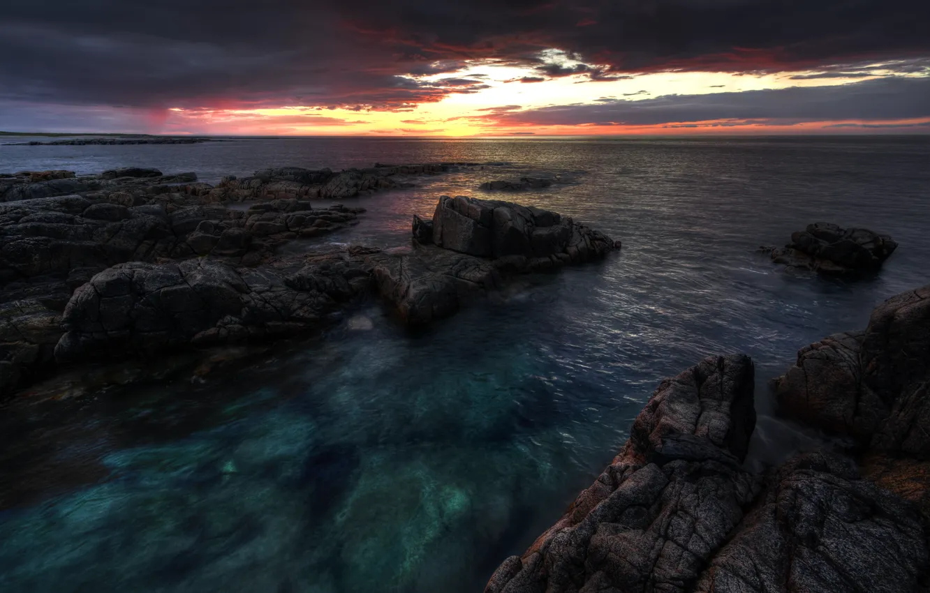 Photo wallpaper sea, the sky, clouds, rocks, dawn, Ireland, Donegal
