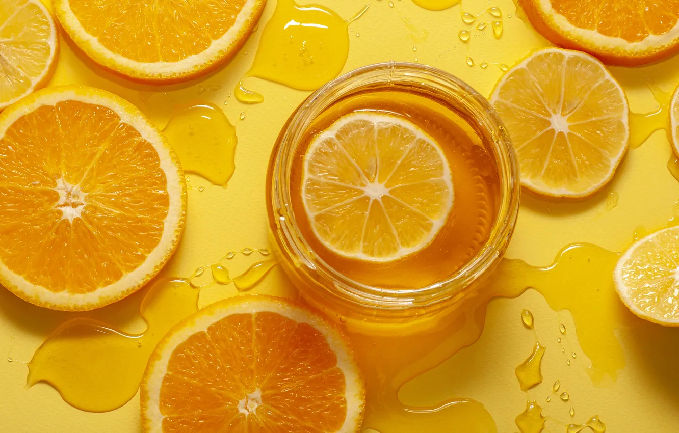 Photo wallpaper drops, table, lemon, orange, honey, Bank, fruit, yellow background