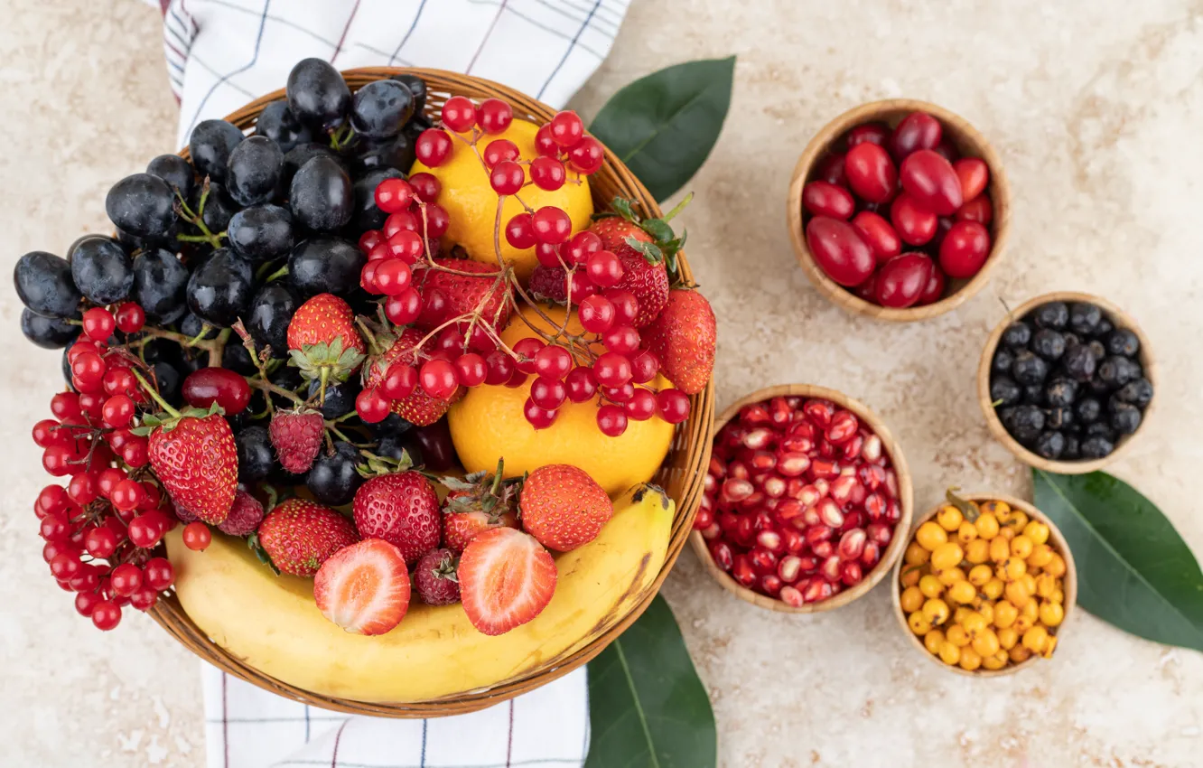 Photo wallpaper berries, apples, strawberry, grapes, fruit, banana, garnet, blueberries