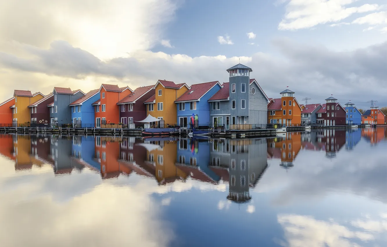 Photo wallpaper the city, reflection, house, pond