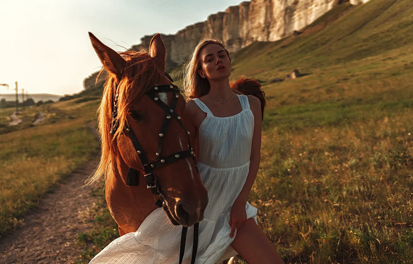 Photo wallpaper girl, nature, pose, rocks, horse, horse, sundress, Gregory Levin