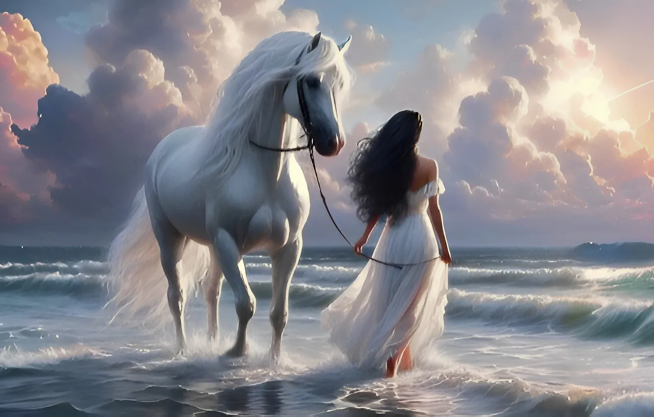 Photo wallpaper girl, horse, horse, AI art, neural network